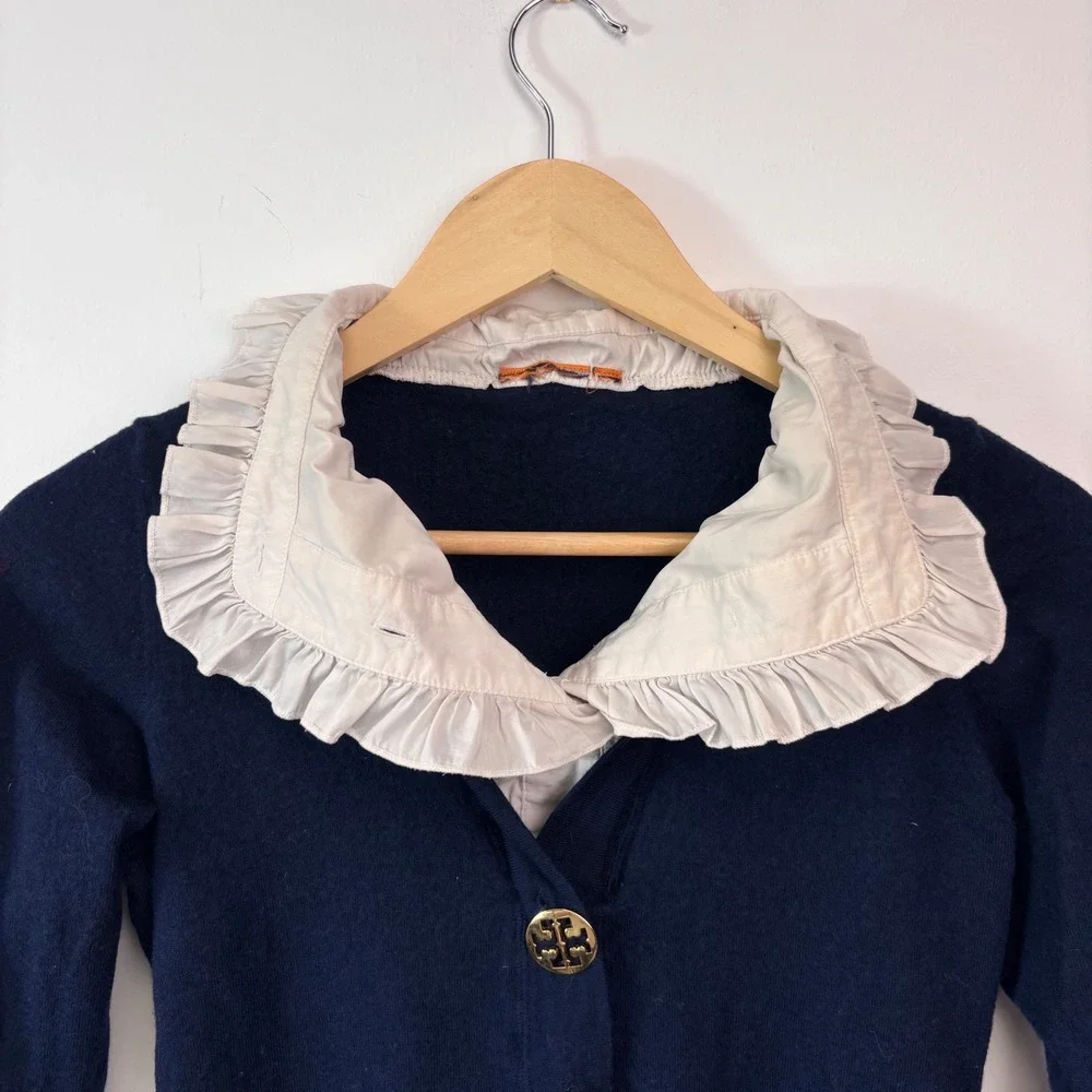 Tory Burch Navy Cardigan Gold Logo Buttons White Ruffle Collar Preppy Y2K Size S